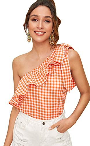 Women's Casual Sleeveless Tie Knot One Shoulder Ruffle Blouse Top