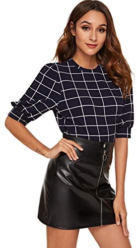 Women's Puff Sleeve Plaid Work Blouse High Neck Office Top