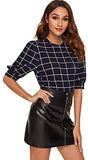 Women's Puff Sleeve Plaid Work Blouse High Neck Office Top