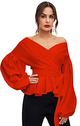Women's Long Sleeve V Neck Ruffle Blouse Off Shoulder Tie Waist Wrap Tops