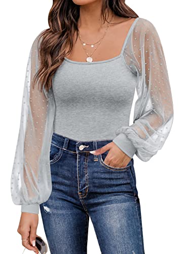 Women's Puff Sleeve Tops Mesh Sexy Casual Tee Shirts Blouses