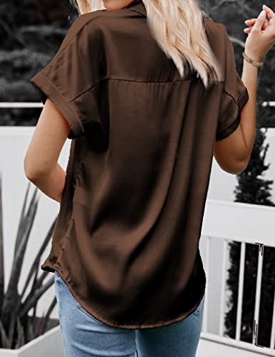 Black Silk Button Up Shirt Women Satin Blouse Casual V-Neck Long Sleeve Business Office Blouses Tops Black S