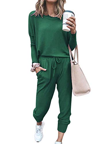 Women's Long Sleeve Loungewear Crewneck Pullover Tops Long Pants Sweatsuits Tracksuits with Pockets Army Green