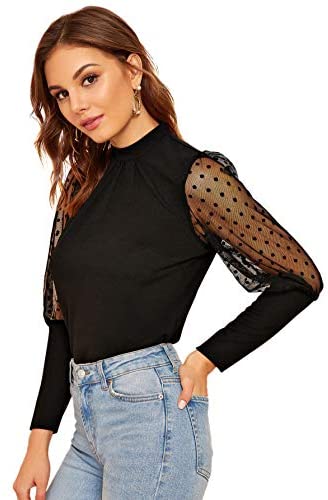 Women's Mesh Sheer Polka Dot Sleeve Blouse Long See Through Top