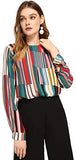 Women's Casual Long Sleeve Round Neck Tops Mixed Striped Blouse