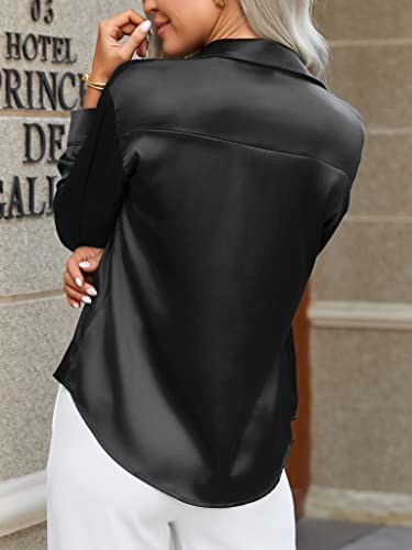 Black Silk Button Up Shirt Women Satin Blouse Casual V-Neck Long Sleeve Business Office Blouses Tops Black S