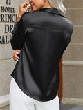 Black Silk Button Up Shirt Women Satin Blouse Casual V-Neck Long Sleeve Business Office Blouses Tops Black S
