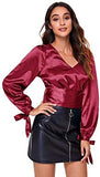 Women's Elegant V Neck Self Tie Knot Long Sleeve Satin Blouse Shirt Top