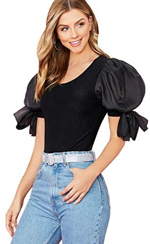 Women's Organza Puff Sleeve Self Tie Sleeve Round Neck Shirt Stretchy Blouse Top