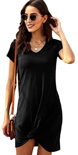Women's Twist Dress V Neck Cut Out T Shirt Dress Short Sleeve Mini Midi Dresses