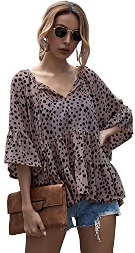 Women's Casual V Neck Flounce 3/4 Sleeve Top Ruffle Loose Blouse