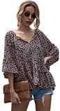 Women's Casual V Neck Flounce 3/4 Sleeve Top Ruffle Loose Blouse