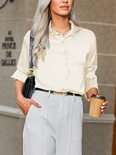 Black Silk Button Up Shirt Women Satin Blouse Casual V-Neck Long Sleeve Business Office Blouses Tops Black S