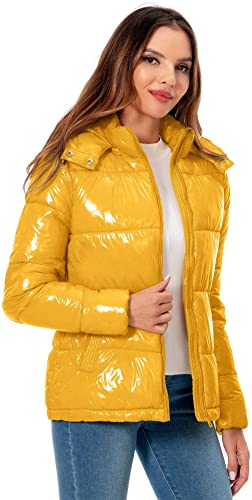 Women's Winter Hooded Shiny Puffer Jacket Casual Warm Quilted Full Zip Short Bubble Padded Coat (as1, alpha, s, regular, regular, Dark Gold, Small)