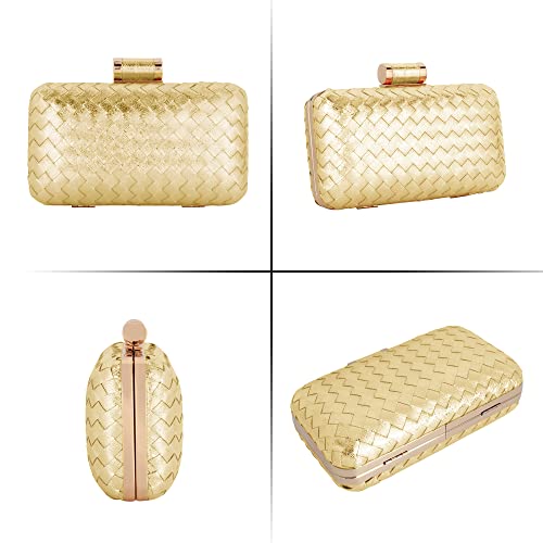 Women Lattice Pattern Metal Handbag Chain Geometric Evening Clutch Purse, Gold