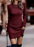 Women Sweater Bodycon Short Dress Long Sleeve Crew Neck Slim Fit Solid Dressy Fall Winter Mini Ribbed Knit Dresses(Solid Dark Coffee, Large)