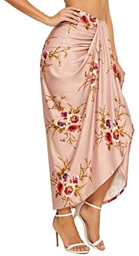Women's Floral Slit Wrap Asymmetrical Elastic High Waist Maxi Draped Skirt