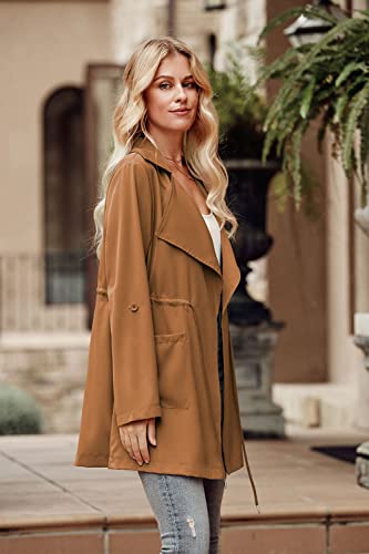 Women's Casual Lightweight Jackets Long Sleeve Drawstring Waist Lapel Trench Coat Outwear with Pockets
