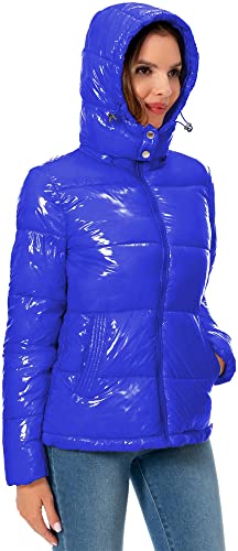 Women's Winter Hooded Shiny Puffer Jacket Casual Warm Quilted Full Zip Short Bubble Padded Coat (as1, alpha, s, regular, regular, Dark Gold, Small)