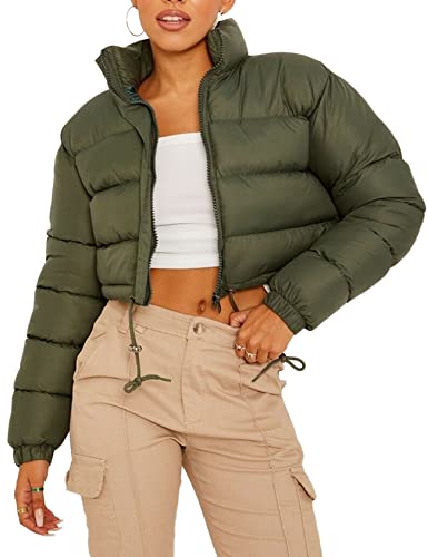 Women Cropped Puffer Jacket Winter Zip Up Short Padded Down Coat(Green-M)