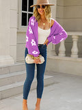 Women's Cardigan Sweaters - Floral Knit Open Front Crop Cardigans Long Sleeve Sweater Outwear Tops Orange L
