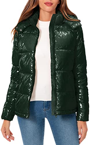 Women's Winter Hooded Shiny Puffer Jacket Casual Warm Quilted Full Zip Short Bubble Padded Coat (as1, alpha, s, regular, regular, Dark Gold, Small)