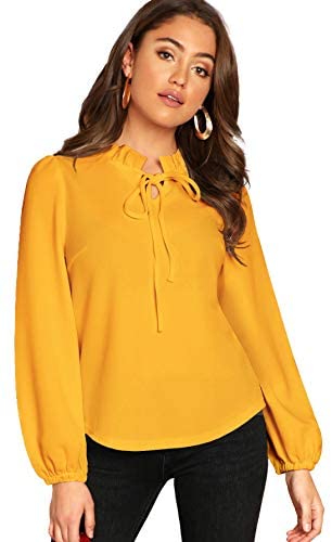 Women's Long Sleeve Front Bow Tie Ruffle Collar Elegant Blouse Shirt Tops