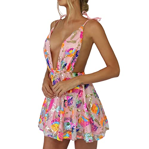 Women Girls Backless Sequin Dresses Spaghetti Strap Deep V-Neck A-line Short Dress Sparkly Party Clubwear
