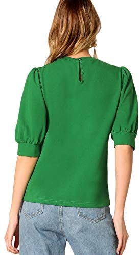 Puff Sleeve Casual Solid Top Pullover Keyhole Back Blouse Green
