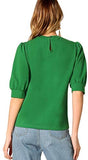 Puff Sleeve Casual Solid Top Pullover Keyhole Back Blouse Green