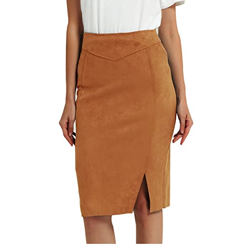 Bellivera Women Faux Suede Leather Pencil Skirt, Spring Fall Casual Midi Skirts Spring and Summer Hip Wrapped Back Split FF21 Camel L