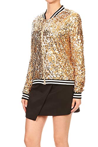Womens Sequin Long Sleeve Front Zip Jacket with Ribbed Cuffs, Gold, Small