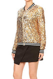 Womens Sequin Long Sleeve Front Zip Jacket with Ribbed Cuffs, Gold, Small