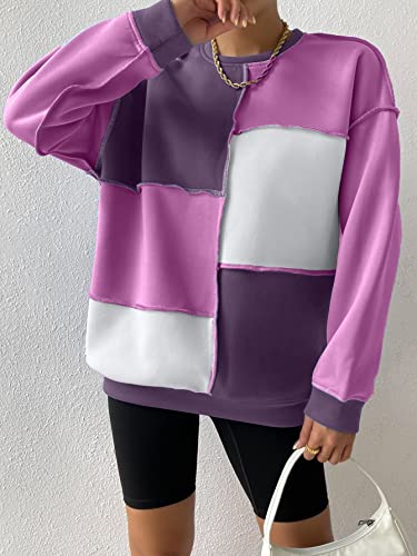 Women's Color Block Crew Neck Oversized Sweatshirt Drop Shoulder Casual Pullover