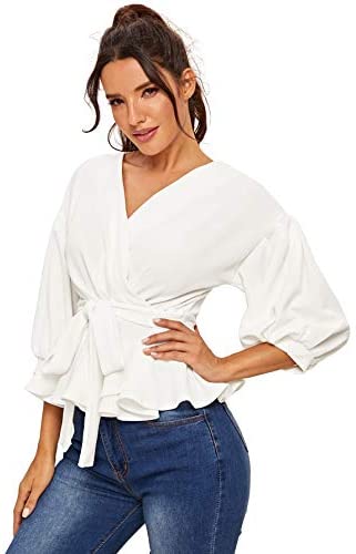 Women's Lantern 3/4 Sleeve V Neck Ruffle Blouse Tie Waist Wrap Peplum Top