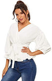 Women's Lantern 3/4 Sleeve V Neck Ruffle Blouse Tie Waist Wrap Peplum Top