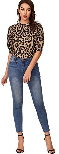 Women's Puff Sleeve Leopard Print Work Blouse Casual Hight Neck Top Leopard