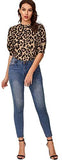 Women's Puff Sleeve Leopard Print Work Blouse Casual Hight Neck Top Leopard
