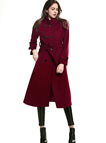 Women's Double-Breasted Trench Coat Wool Jacket with Belt Wine L