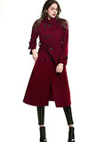 Women's Double-Breasted Trench Coat Wool Jacket with Belt Wine L