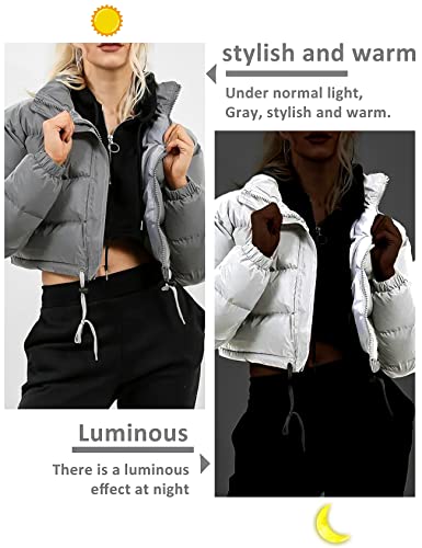 Women Cropped Puffer Jacket Winter Zip Up Short Padded Down Coat(Green-M)