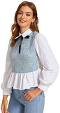 Women's Bow Tie Neck Tweed Insert Shirt Long Sleeve Blouse Keyhole Back Peplum Tops