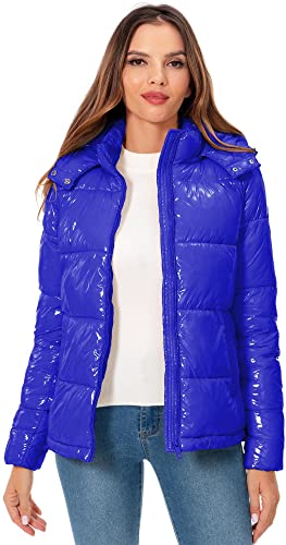 Women's Winter Hooded Shiny Puffer Jacket Casual Warm Quilted Full Zip Short Bubble Padded Coat (as1, alpha, s, regular, regular, Dark Gold, Small)