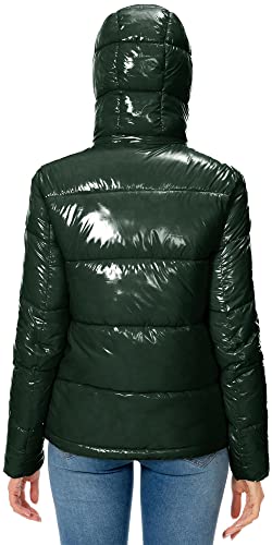 Women's Winter Hooded Shiny Puffer Jacket Casual Warm Quilted Full Zip Short Bubble Padded Coat (as1, alpha, s, regular, regular, Dark Gold, Small)