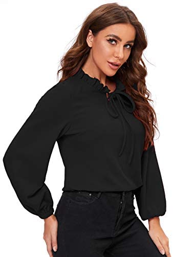 Women's Long Sleeve Front Bow Tie Ruffle Collar Elegant Blouse Shirt Tops