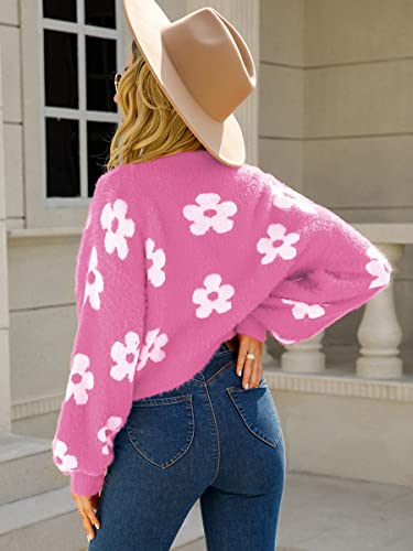 Women's Cardigan Sweaters - Floral Knit Open Front Crop Cardigans Long Sleeve Sweater Outwear Tops Orange L