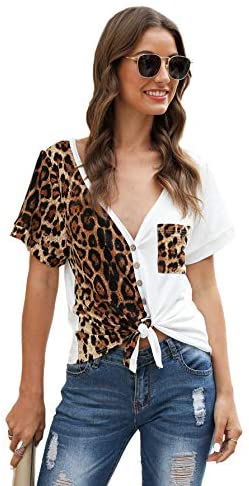 Women's Colorblock Leopard Shirt Blouse Short Sleeve V Neck Button Up Tee Tops with Pocket