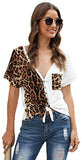 Women's Colorblock Leopard Shirt Blouse Short Sleeve V Neck Button Up Tee Tops with Pocket