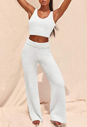 Womens Fuzzy Fleece 3 Piece Pajama Set Tank Crop Tops Pants Open Front Cardigan Lounge Outfit Light Blue S