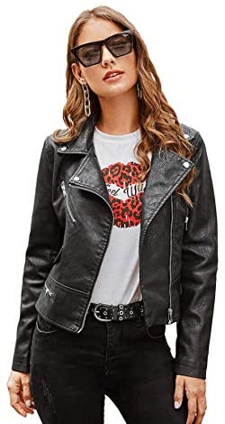 Women's Zipper Front Casual PU Leather Cropped Jacket Long Sleeve Bolero